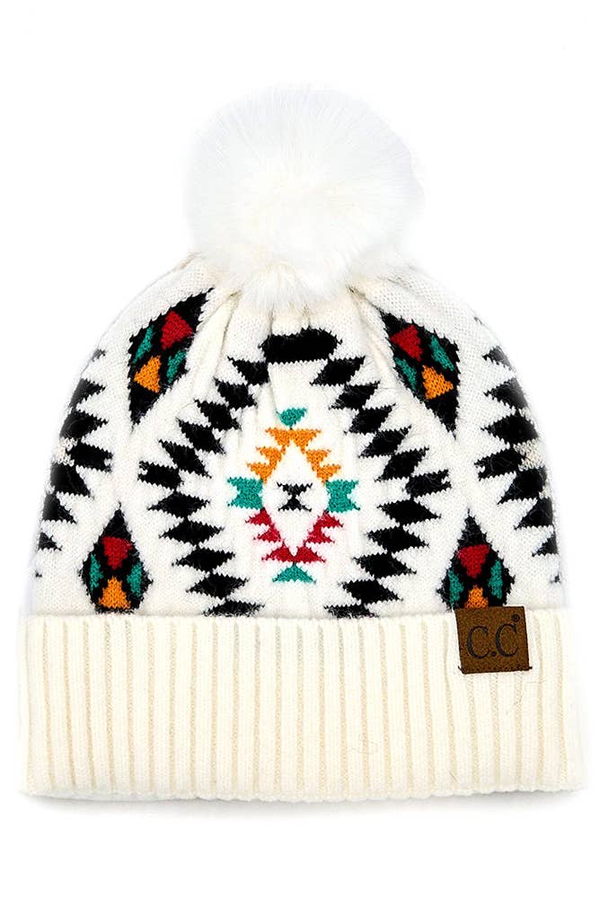 C.C Soft Aztec Pattern Beanie with Faux Fur Pom